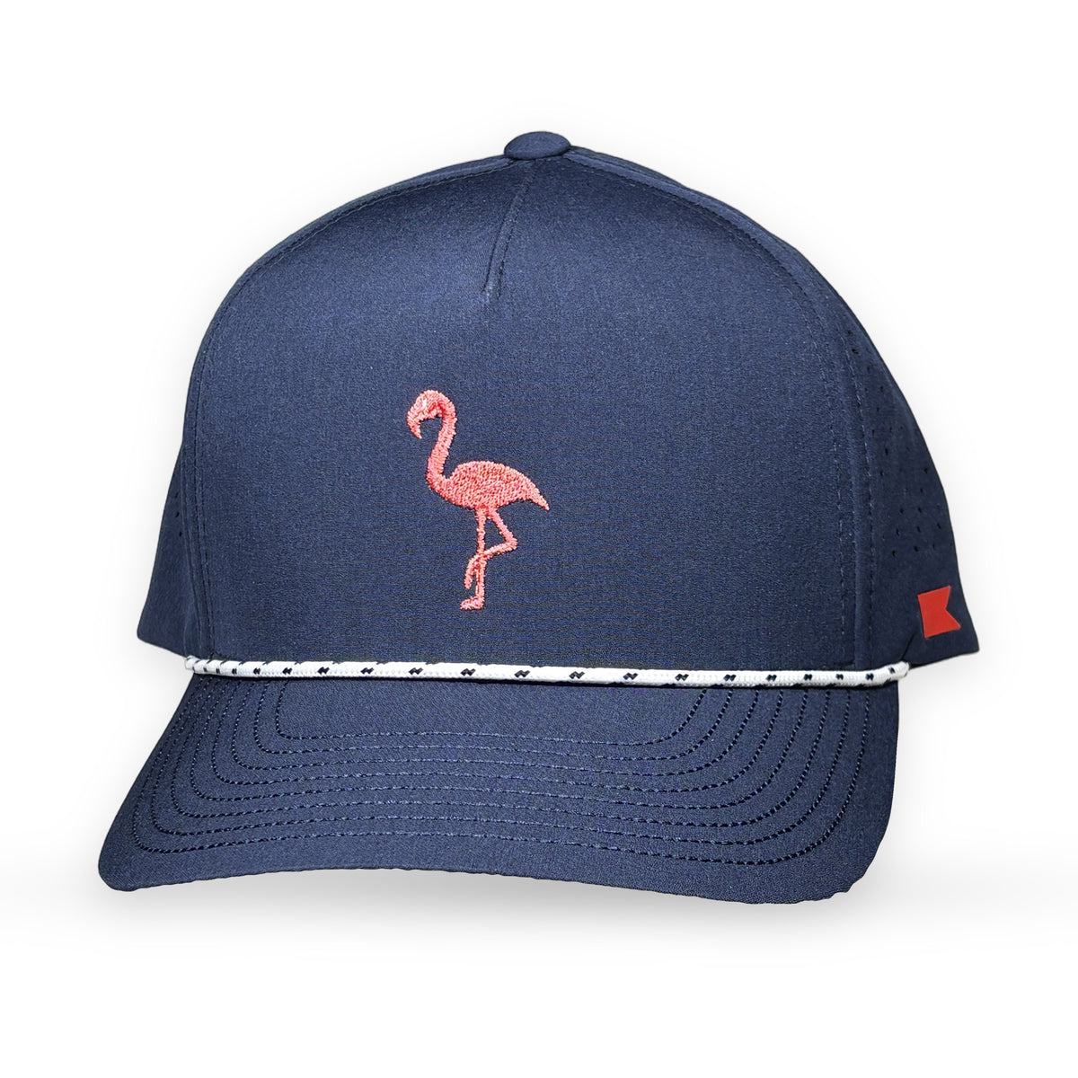 Bravo Cay rope trim hat in navy with embroidered flamingo design
