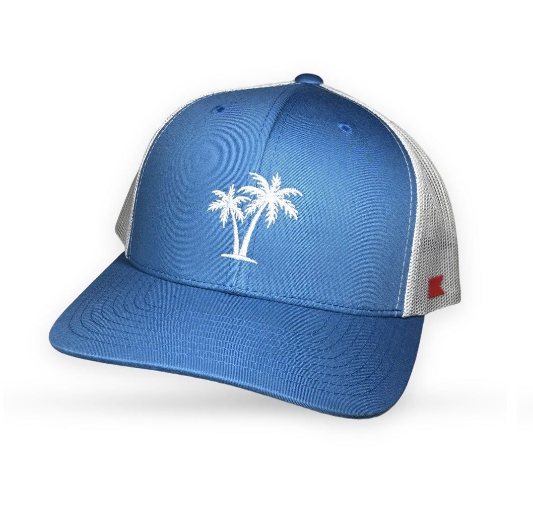 Bravo Cay hat in steel blue/silver with white 2 palm embroidery design