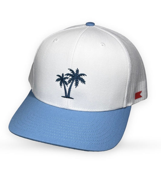 Bravo Cay hat in Columbia blue with embroidered 2 palm design in blue