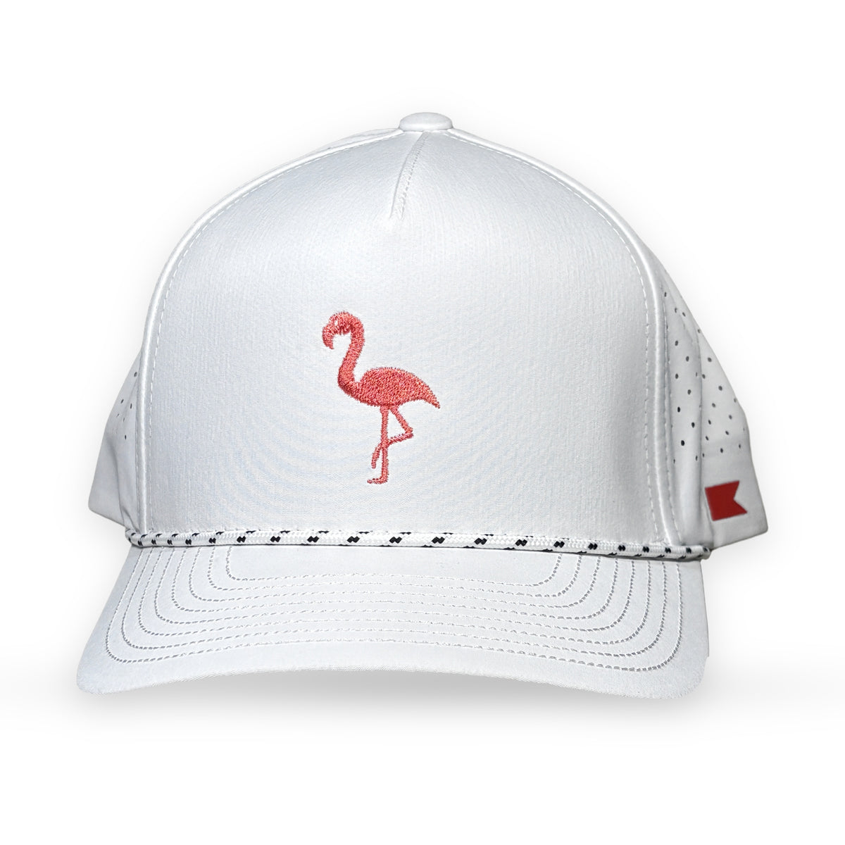 Bravo Cay rope trim hat in white with embroidered flamingo design