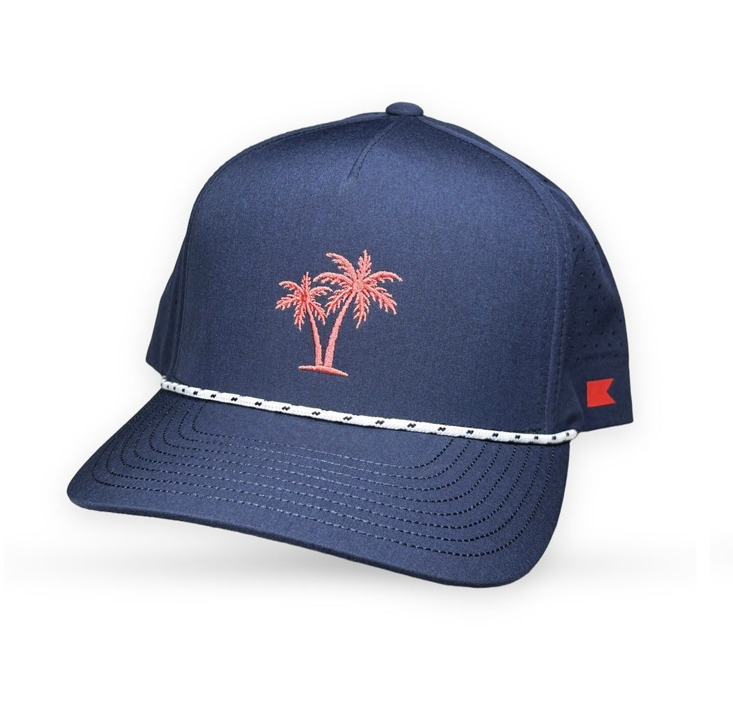 Bravo Cay rope trim hat in navy with embroidered 2 palm design