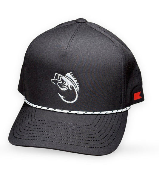 Bravo Cay rope trim hat in black with embroidered bass themed design