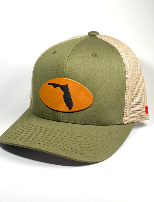 Bravo Cay hat in olive/khaki with Florida themed design leather patch