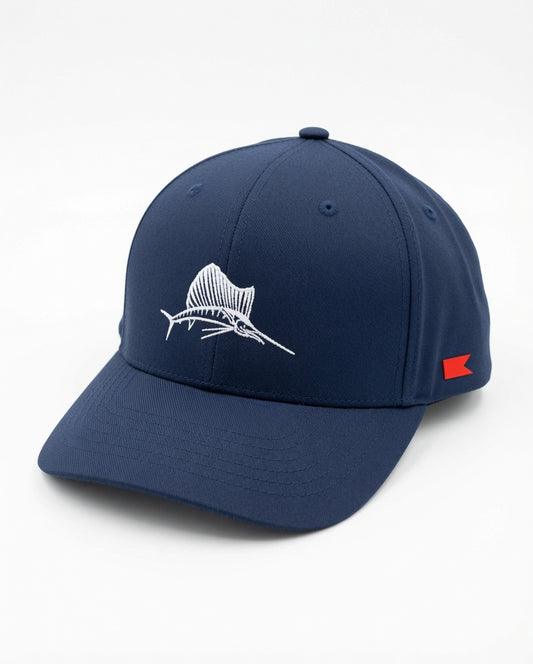 Bravo Cay hat in navy blue with sailfish design embroidered in white