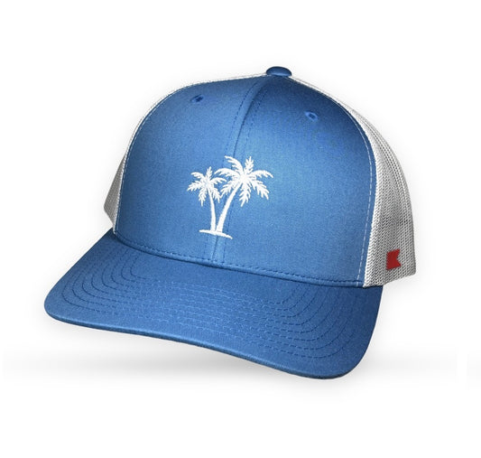 Bravo Cay hat in steel blue/silver with white 2 palm embroidery design