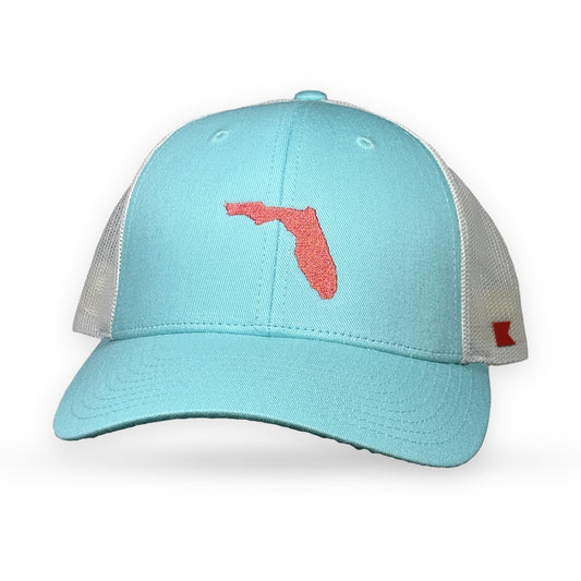 Bravo Cay hat in Aruba Blue/Birch with embroidered Florida design in coral