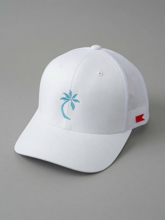 Bravo Cay hat in white with embroidered single palm design in teal