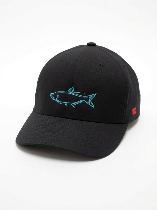 Bravo Cay hat in black with tarpon design embroidered in teal