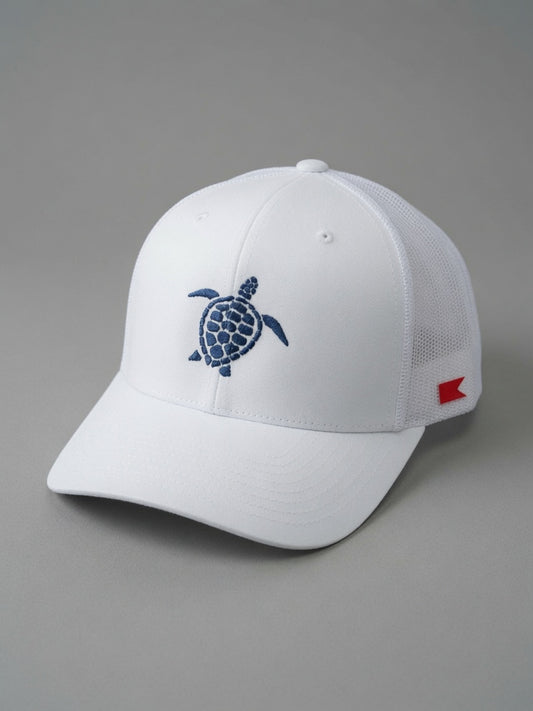 Bravo Cay hat in white with embroidered sea turtle design in navy