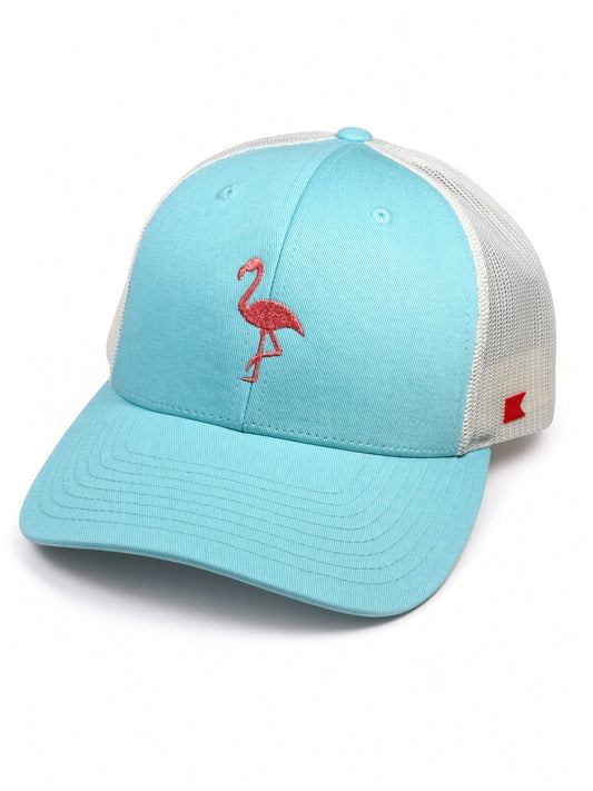 Bravo Cay hat in Aruba Blue/Birch with embroidered flamingo design in coral