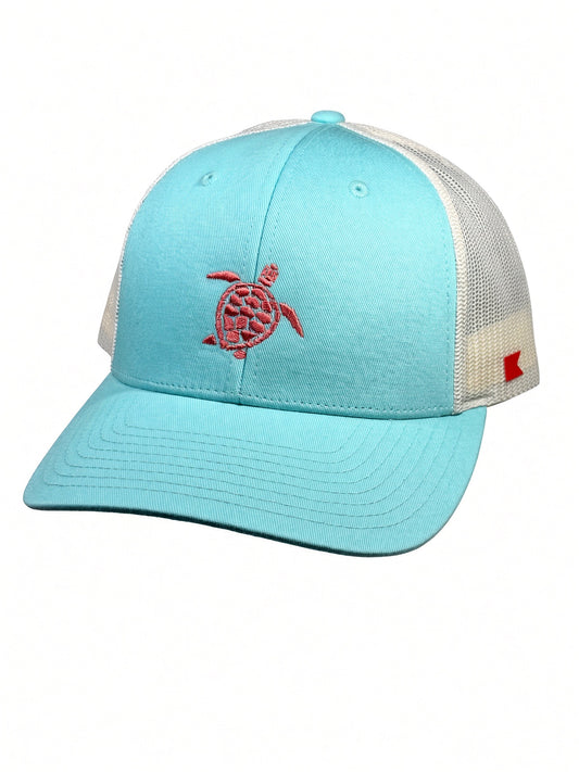 Bravo Cay hat in Aruba Blue/Birch with embroidered sea turtle design in coral