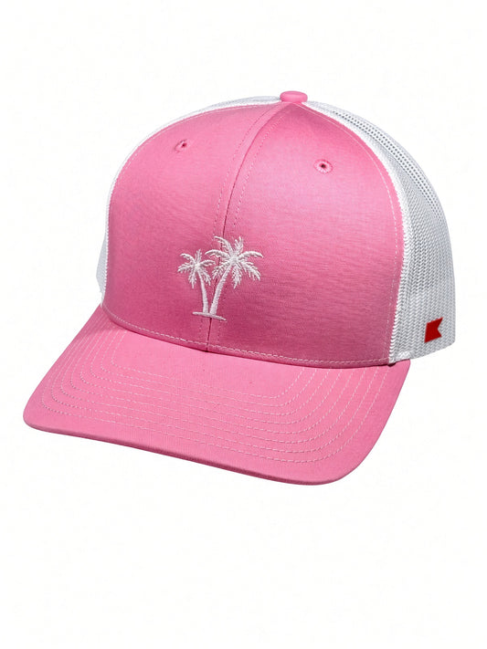 Bravo Cay hat in pink with embroidered 2 palm design in white