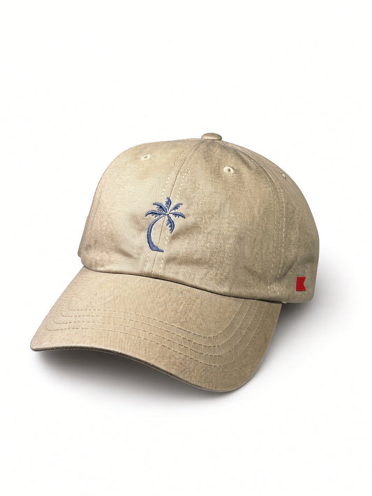 Bravo Cay hat in khaki with embroidered single palm design in navy