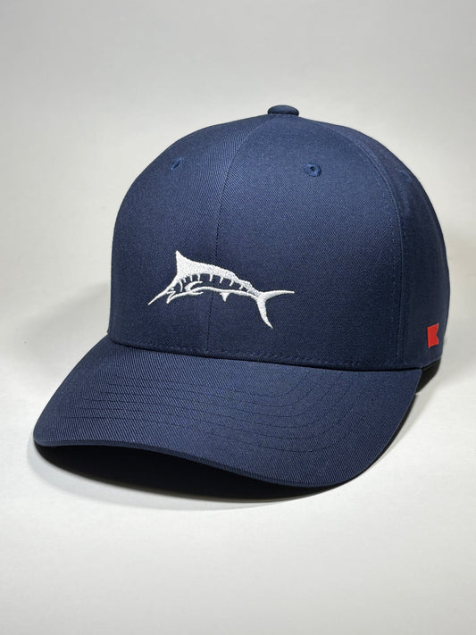 Bravo Cay hat in navy blue with marlin design embroidered in white