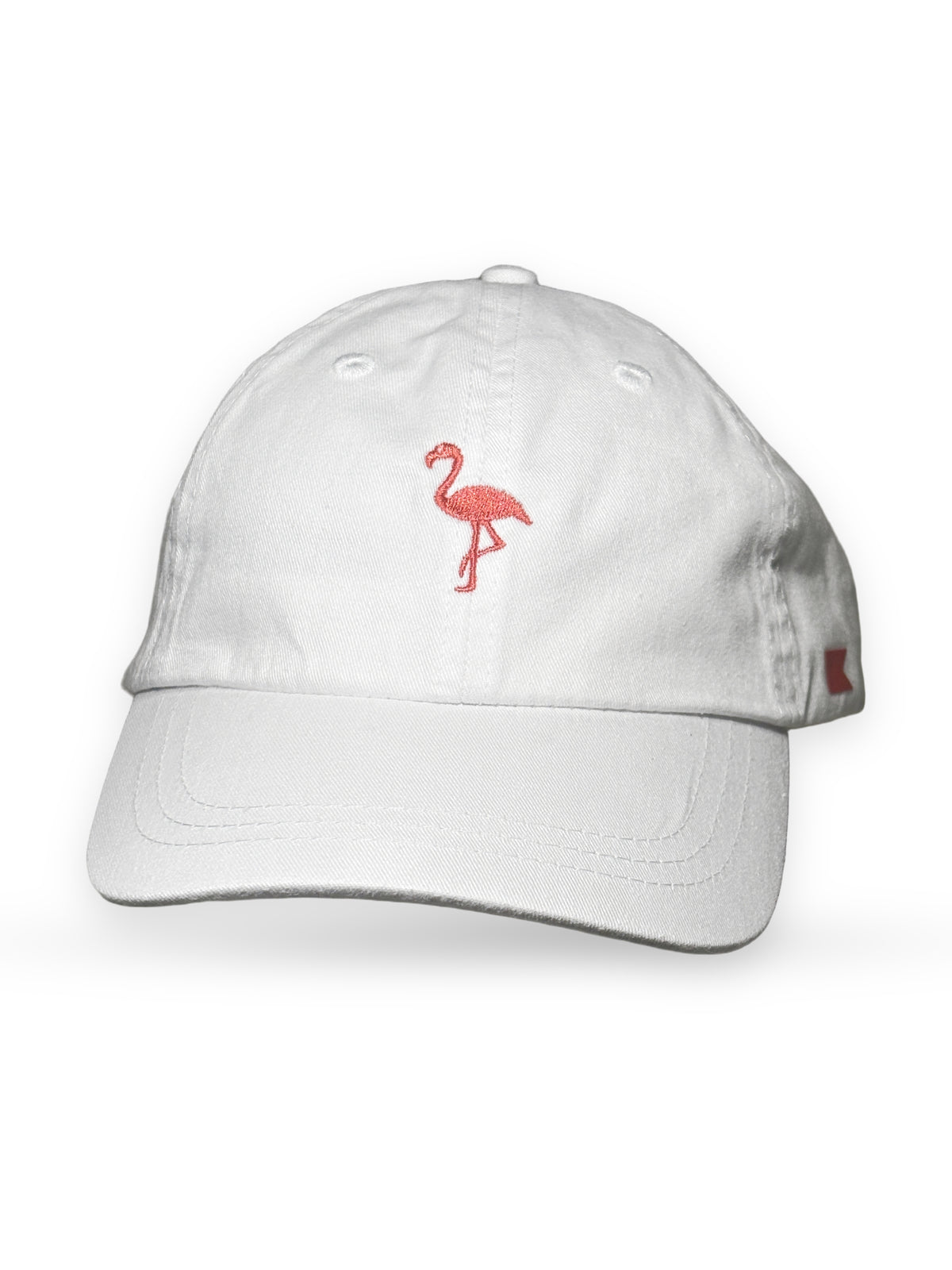 Bravo Cay Kids Collection youth hat in white with embroidered flamingo design in coral